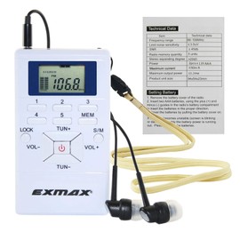 EXMAX E108 Wireless FM Radio Receiver Portable DSP Stereo Pocket Mini FM Radio Receiver Digital Samll FM Radio Earbuds LCD Clock for FM Translator Tour Guide System FM Transmitter Work - White