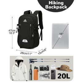 Outplea 20L Small Hiking Daypack Men Women, Multi-Pocket Travel Backpack, Reflective Hiking Daypack with Chest Strap, Rucking Backpack for Outdoor Sport, Black