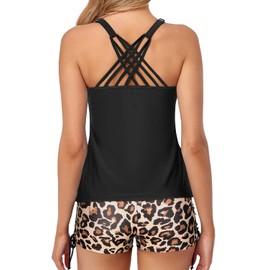 Yonique Traje de baño tankini deportivo de dos piezas con control de abdomen y pantalones cortos para mujer, Negro y leopardo., L