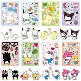 24 Sheets Cute Anime Stickers, Mixed & Matched with 8 Designed Characters (3 of Each) Stickers, Hello Cat Cartoon Themed Party Supplies