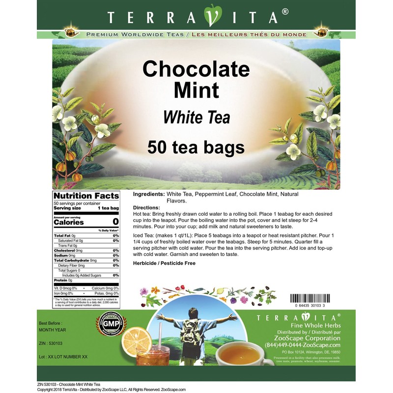 Chocolate Mint White Tea (50 tea bags, ZIN: 530103) -