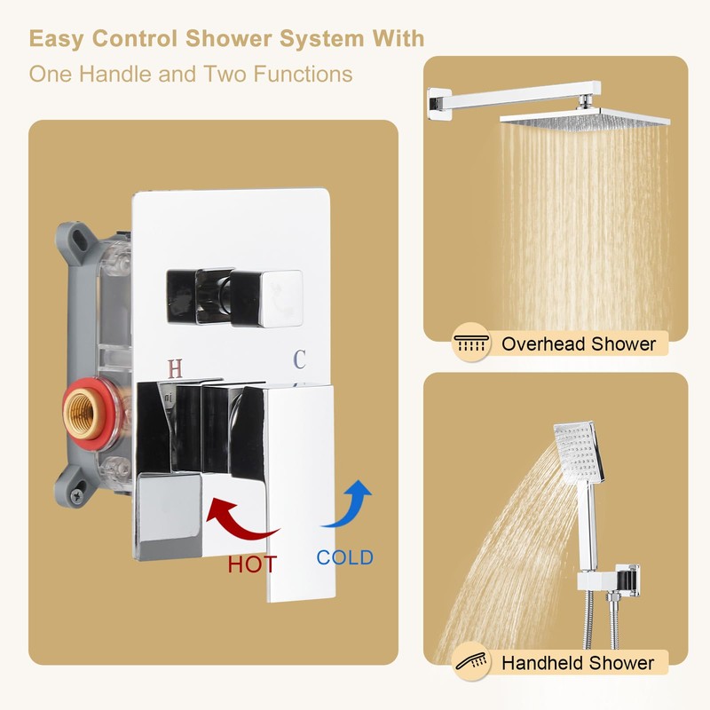 BWE Chrome Shower Faucet Set,Rainfall Shower Head with Handheld Shower,Two