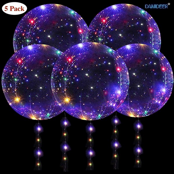 DANIDEER Led BoBo Balloons ,18 Inch 5 PCS Transparent Helium Balloons with String Lights, LED light up Balloons for Birthday, Indoor or Outdoor event, Wedding, Christmas and Party Decoration (colorful)