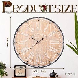 HPC Decor Wall Clock-23 Large Farmhouse Wall Clock,Rustic Antique Wood with Metal Circle and Large Engraved Numerals,Silent Battery Operated Wall Clock for Office,Kitchen,Bedroom