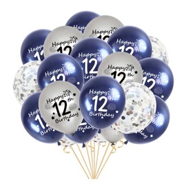 Balloons 12th Birthday, Pack of 21 Navy Blue Silver 12th Birthday Latex Confetti Balloons for Him Boys Girls Son 12 Years Old Birthday Decoration 12 Inches (12th)