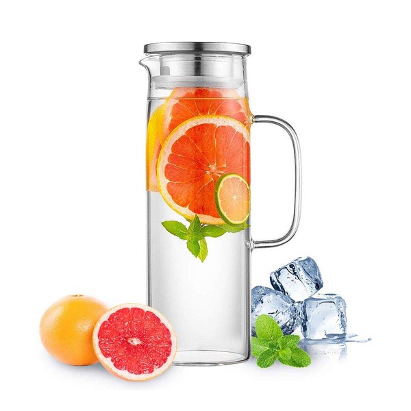 Hwagui - Heat Resistant Glass Pitcher with Stainless Steel Lid, Water Carafe with Handle, Good Beverage Pitcher for Homemade Juice and Iced Tea, 1000ml/34oz