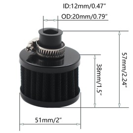 12mm Air Filter Cold Air Intake Filter Breather Turbo Vent Air Intake Filter Cleaner Black Universal for car and Motorcycle (2pcs Air Filter)