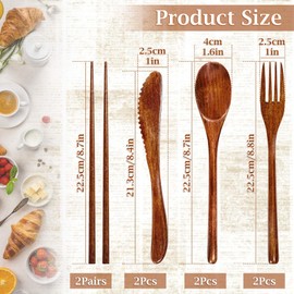 8Pcs Wooden Utensil Set for Eating, Reusable Spoon Fork Knife Chopsticks Portable Wooden Cutlery Set for Travel Camping Kitchen