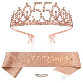 Rose Gold 55th Birthday Crown and Sash Girls 55th Birthday Decoration Rhinestone Birthday Tiara Princess Crown Queen Tiara Birthday Sash Girls 55th Birthday Decoration Party Clothing Accessories