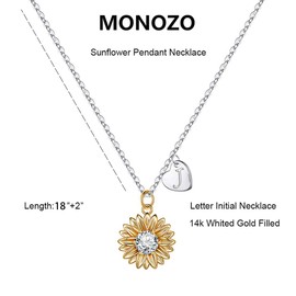 MONOZO Initial Sunflower Necklace for Women Trendy, 14k Gold Plated Sunflower Necklace Pendant CZ Heart Letter Initial J Necklace You are My Sunshine Sunflower Gifts for Women Jewelry