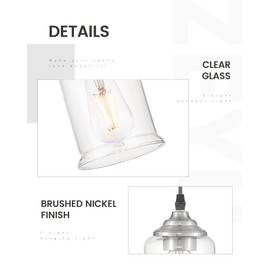 zeyu 3-Light Pendant Lighting, Adjustable Modern Cluster Pendant Light for Kitchen Island, Brushed Nickel Finish with Clear Glass Shade, ZSL104-3 BN