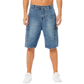 LONGBIDA Men's Loose Fit Denim Cargo Shorts with Multi Pockets, Blue, 38