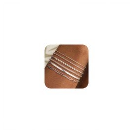 DEARMAY Silver Chain Bracelets for Women Waterproof Real Dainty Sterling Silver Jewelry Set Fashion Stackable Beaded Figaro Herringbone Link Bracelet Trendy Pack Stack Gifts for Women