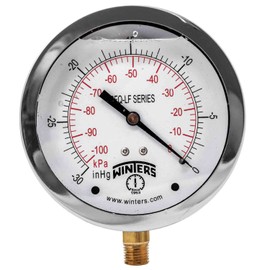 Winters 4" Dial Size, Liquid Filled Industrial Pressure Gauge, Potable Brass, 304 Stainless Steel Case, Dual Scale 30 inch Hg-0 Vac/kPa, 1.5% Acc, 1/4" NPT Bottom Mount, Vacuum Pressure Gauge