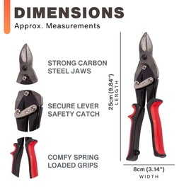 Aviation Tin Shears - Tin Snips, Metal Cutters, Spring Loaded Vinyl Handles, 25cm / 10", Carbon Steel Jaws Cuts Through Aluminium, Leather, Rubber, Metal and More, Wire Cutting Scissors