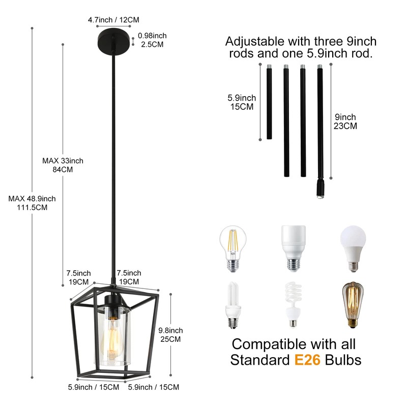 GZJunYo 2 Pack 1-Light Black Pendant Lights for Kitchen Island,