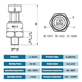 FUSCH 300 PSI Pressure Transducer Sensor with Connector Harness, 1/8"NPT Thread Stainless Steel Pressure Transmitter for Oil Fuel Water Air