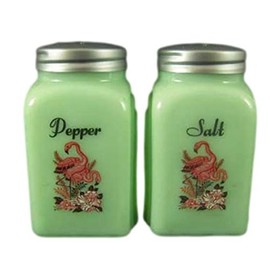 G3291JPF Jadeite Green Glass Pink Flamingo Roman Arch Jadite Salt & Pepper Shakers