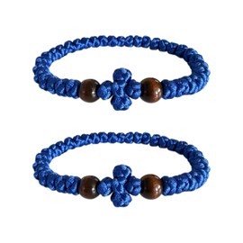 Orthodox Prayer Rope Bracelet, 2-Pack Black Chotki Komboskini, Christian Prayer Beads with Cross (Blue)