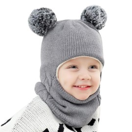 AYPOW Baby Children's Winter Hat Balaclava for 1-6 Years, Multifunctional Thermal Windproof Knitted Hat Scarf Hat for Girls Boys Toddlers, Fleece Lined Slip-On Hat Hood for Outdoor Use, gray
