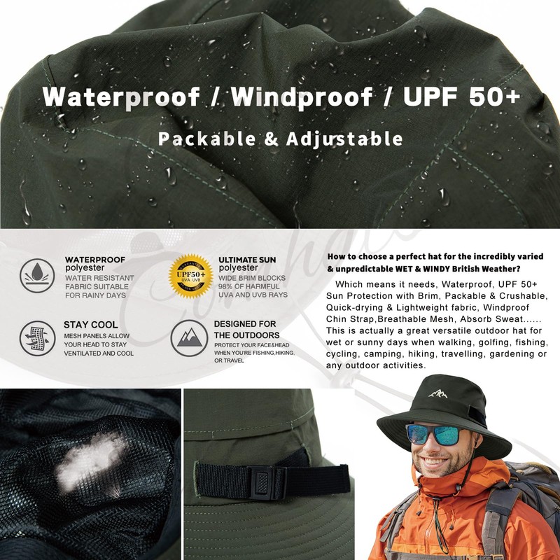 Comhats Waterproof Bucket Hat, Outdoor Hat for Hiking, Golf, Safari,