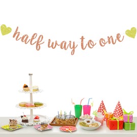 Half Way to One Banner, Happy 6 Month, Half Birthday Decorations Backdrop for Baby Boy Girl Rose Gold Glitter