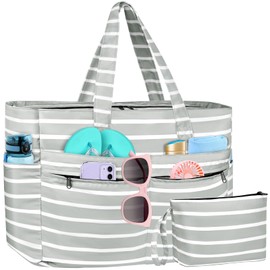 WACCET XXL Family Beach Bag, Large Waterproof Beach Bag for Women, with Zip, Foldable Lightweight Swimming Bag with Multiple Pockets, Beach Bag, Tote Bag for Beach, Travel, Holiday, Pool, Grey and