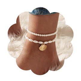 Aneneiceera Fashion Beach Pearl Anklet Bracelet Boho Gold Shell Pearl Elastic Ankle Foot Wedding Jewellery for Women and Girls, Rubber