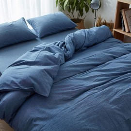 Denim Duvet Cover, 100% Yarn Dyed Washed Cotton 3 Pieces Bedding Set, Solid Color Casual Simple Style Chambray Duvet Cover, Luxury Relaxed Soft Feel Natural Wrinkled Easy Care (Denim Blue, Queen)