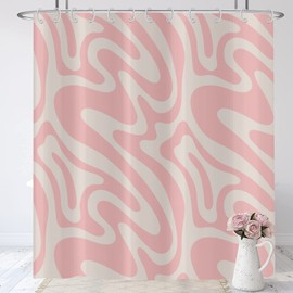 Hnmdmyi Shower Curtain Pink 180 x 200 cm, Abstract Retro 70s Shower Curtains Modern Aesthetic Wavy Swirl Minimalist Girls Bath Curtain Waterproof Polyester Fabric Washable Bath Curtain