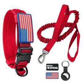 Tactical Dog Collar and Bungee Leash,Military Dog Collar & Leash Set with USA American Flag Adjustable K9 Collar with Heavy Duty Metal Buckle & Handle,with Patches and Airtags Case (XL, Red)