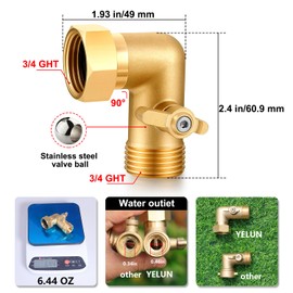YELUN Garden Hose Elbow with Shut Off Valve 90 Degree Brass Connector 3/4" GHT Garden Hose On RV Adapter Large-diameter flow Elbow (90 Degree 1PCS)