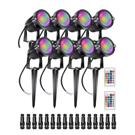 ALEDECO RGB+W Low Voltage Landscape Lights with Remote Control 5W 12V Landscape Lighting LED 16 Color Changing Spotlights Outdoor Waterproof Pathway Lights Garden Decorative(8 Pack with connectors)