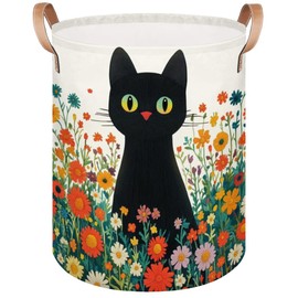Large Laundry Hamper Basket Black Cat Round Collapsible Storage Organizer Bin for Kids, Boys, Nursery, Closet, Bedroom, Playroom, Toys, Dirty Clothes, 16"W x 20"H