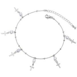 COOLSTEELANDBEYOND Ball Chain Anklet Bracelet with Dangling Charms of Cross and Rhinestones