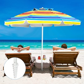 Tangkula 7.2 FT Beach Umbrella, Portable Beach Sunshade Umbrella W/Sand Anchor, Tilt Mechanism, 8 Sturdy Rib, Premium Steel Pole & Carrying Bag, Foldable Umbrella for Beach, Outdoor Folding Beach Umbrella W/ Cup Holder for Beach, Poolside, Garden (Rainbo