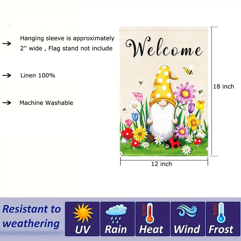 Spring Welcome Gnome Garden Flag 12 x 18 inch Double