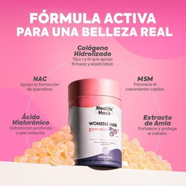 Gomitas para Cabello Piel y Uñas Health Hack Womens Hair con Colágeno MSM Aminoácidos y 18 Ingredientes Sabor Fresa 60 Gomitas