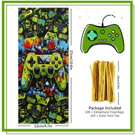 Video Game Cellophane Bags, 100 Pieces Game Controllers Theme Plastic Goodie Favor Bags, Cellophane Treat Bags with Golden Twist Ties for Kids Boys Girls Gaming Party Supplies