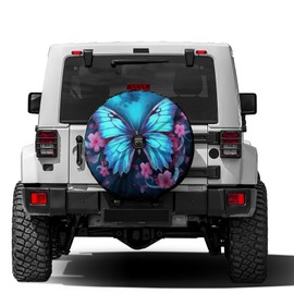 Dujiea Blue Butterfly Flower Spare Tire Cover with Backup Camera Hole, Universal Wheel Tire Cover Tire Protectors for Jeep Trailer RV Van SUV Truck Camper and Many Vehicle 17inch
