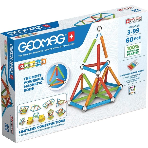 Geomag, Supercolor Recycled Magnetic Constructions, Colourful Rods and Panels, 60 Piece Pack, 100% Recycled Plastic