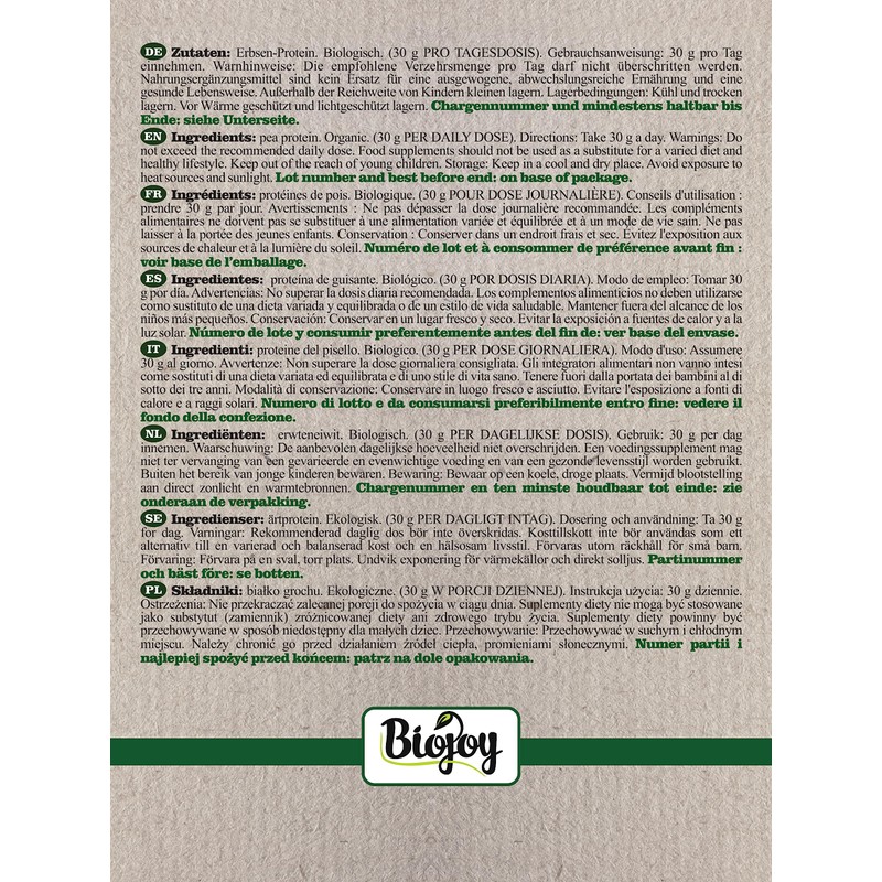 Biojoy Organic Pea Protein Powder (500 g), Neutral, No Additives