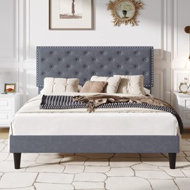 SHA CERLIN Queen Size Velvet Bed Frame with Adjustable Headboard, Diamond Button Tufted and Rivet Decor, No Box Spring Needed, Silver Grey
