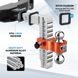 Kohree Adjustable Trailer Hitch Fit 2 Inch Receiver, Dual Solid Ball 2" and 2-5/16"(12,500 LBS GTW), 10" Drop & Rise Heavy Duty Aluminum Tow Hitch with 4 Silencer Pads & 2 Locking Hitch Pin, Orange