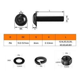 HAISHANG Pack of 10 M6 x 80 Screws, Rounded Head Screws, Hexagon Socket and Nuts Washers Assortment Kit, Stainless Steel A2 V2A Full Thread Black Oxide