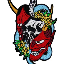 Zegin Sketch Oni Mask with Snake Patch Embroidered Applique Badge Iron On Sew On Emblem