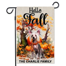 Chinese Crested Autumn Garden Flag Dog Fall Welcome Flags For Thanksgiving Outdoor Farmhouse Decoration Custom Name Mable Leaves Pumpkins Season Burlap 12.5x18 Inch Vertical Double Sided