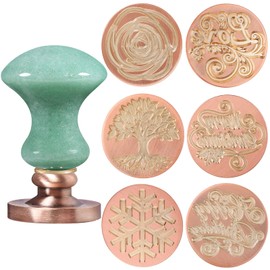 TUMBEELLUWA Crystal Wax Seal Stamp Set, 1 Green Aventurine Stone Hilt+6pcs Vintage Copper Seals for Invitation Cards, Letters Envelopes, Wine Package(Tree of Life+Love+Birthday+Rose+Christmas+Snow)