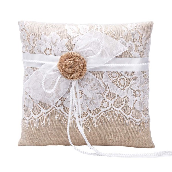 Amajoy Vintage Rustic Burlap Lace Wedding Ring Pillow ring cushion