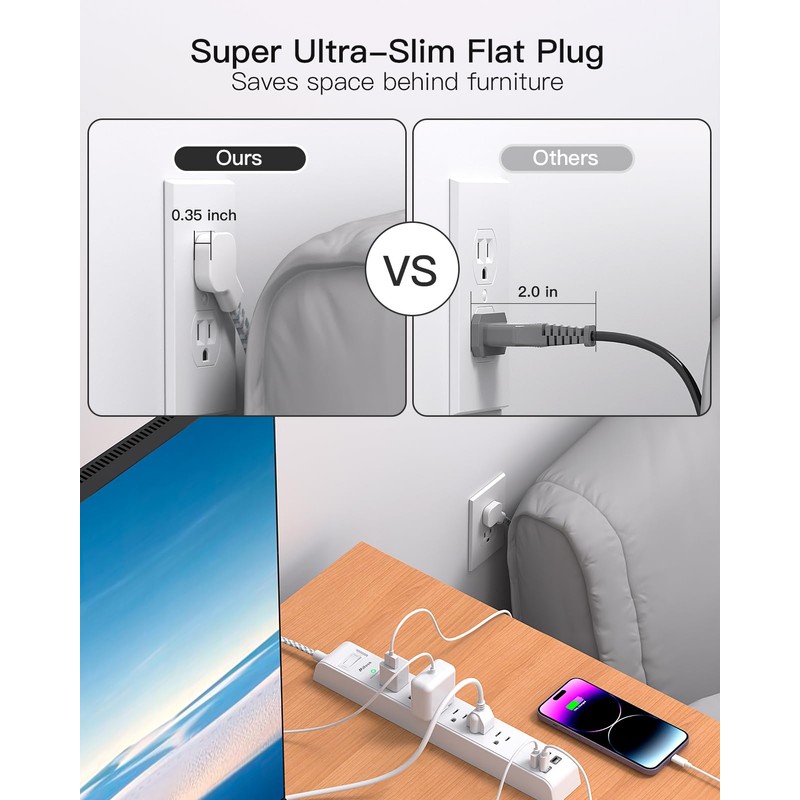 2 Pack Extension Cord 10ft Power Strip - Surge Protector